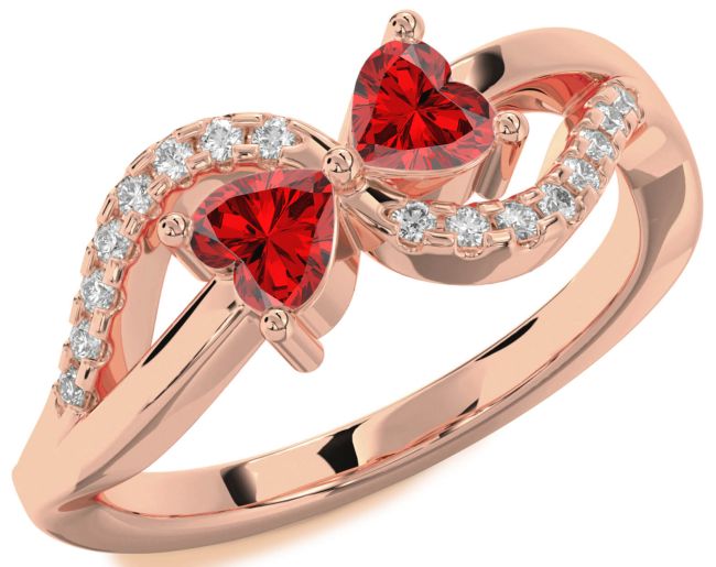 Diamond Ruby Rose Gold Two Heart Birthstone Ring