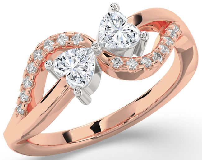 Diamond Rose Gold Silver Two Heart Ring