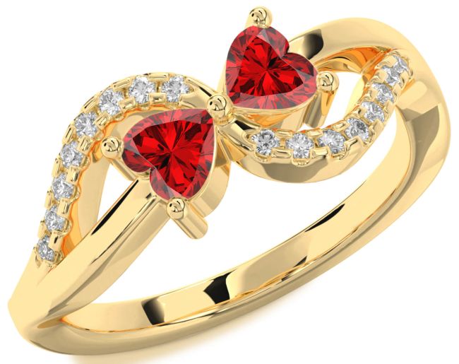 Diamond Ruby Gold Two Heart Birthstone Ring