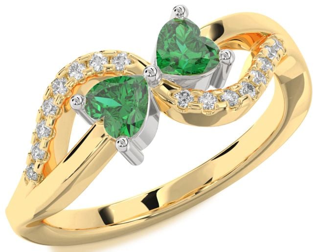 Diamond Emerald Gold Silver Two Heart Birthstone Ring