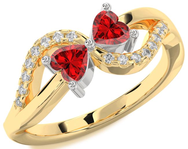 Diamond Ruby Gold Silver Two Heart Birthstone Ring