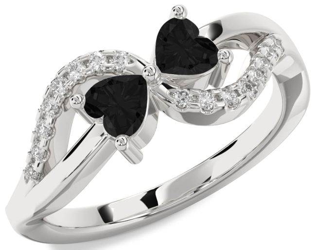 Black Diamond Silver Two Heart Ring