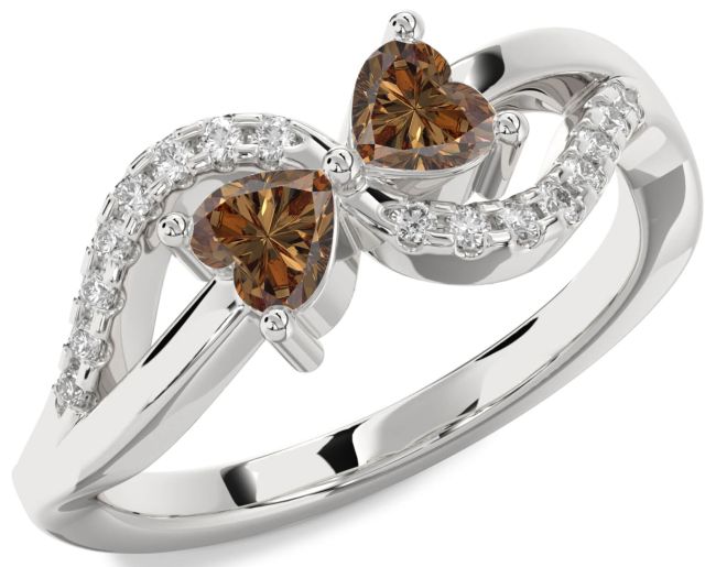 Chocolate Brown Diamond Silver Two Heart Ring