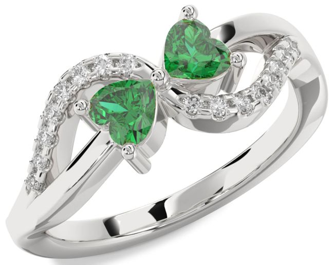 Diamond Emerald Silver Two Heart Birthstone Ring