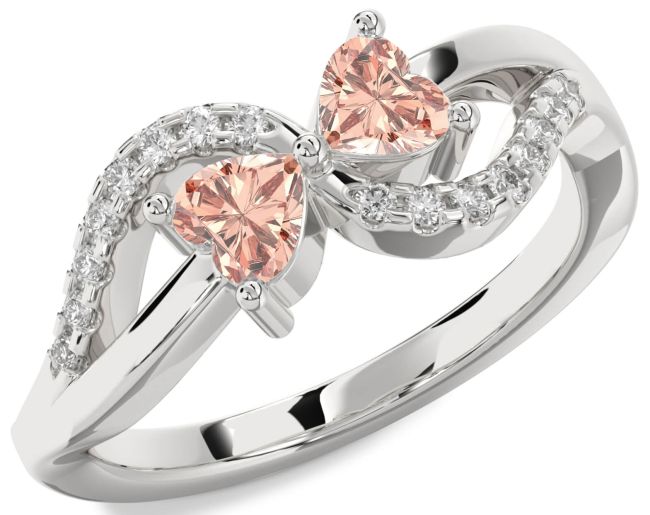 Diamond Morganite Silver Two Heart Ring