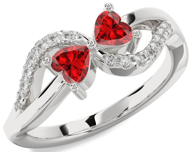 Diamond Ruby Silver Two Heart Birthstone Ring