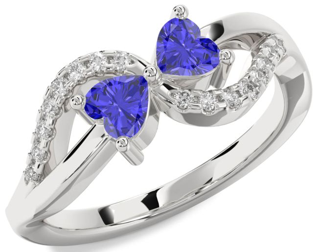 Diamond Tanzanite Silver Two Heart Ring