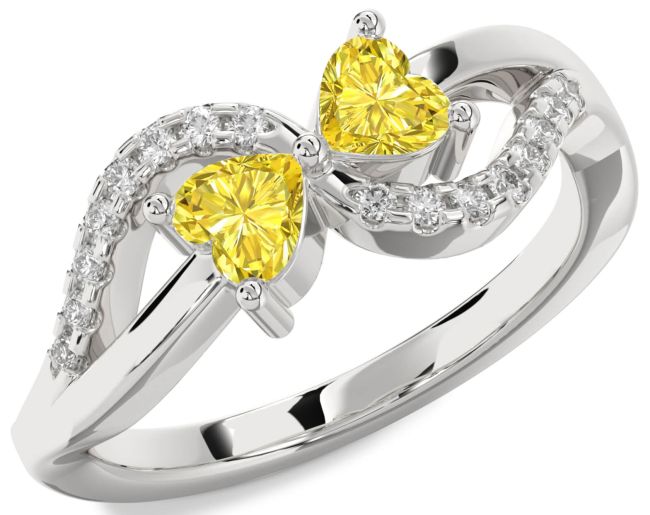 Yellow Diamond Silver Two Heart Ring