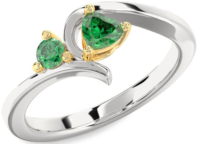 Emerald Gold Silver Heart Two Stone Birthstone Ring