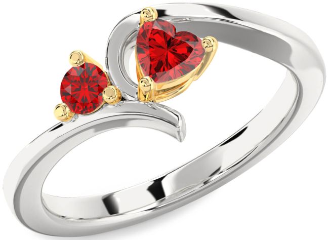 Ruby Gold Silver Heart Two Stone Birthstone Ring