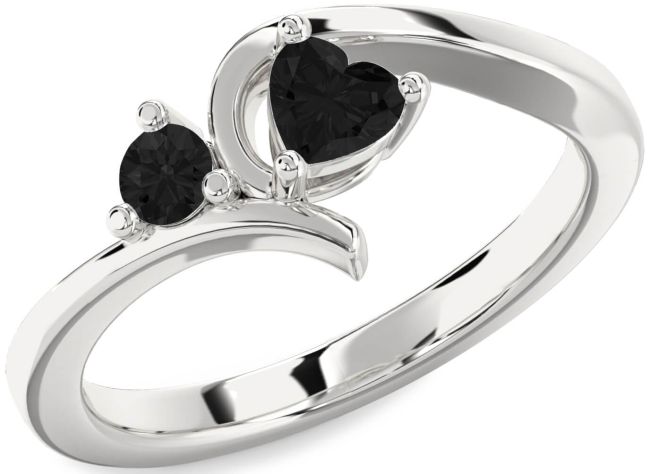Black Diamond Silver Heart Two Stone Ring