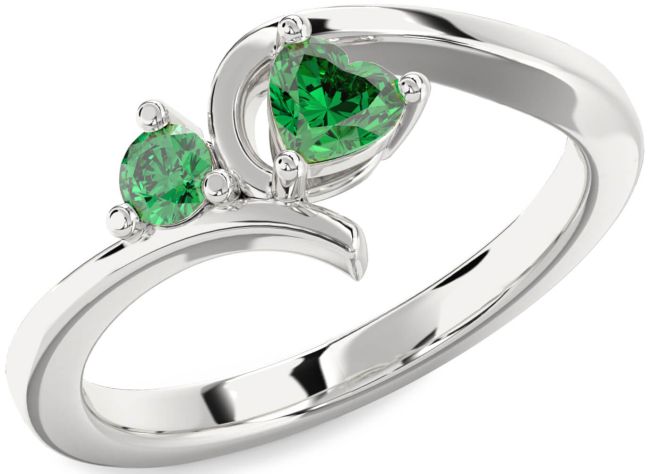 Emerald Silver Heart Two Stone Birthstone Ring