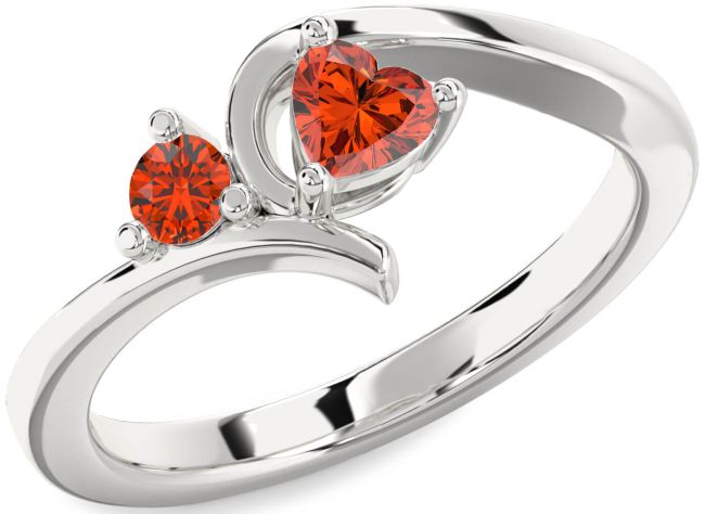 Fire Opal Silver Heart Two Stone Ring