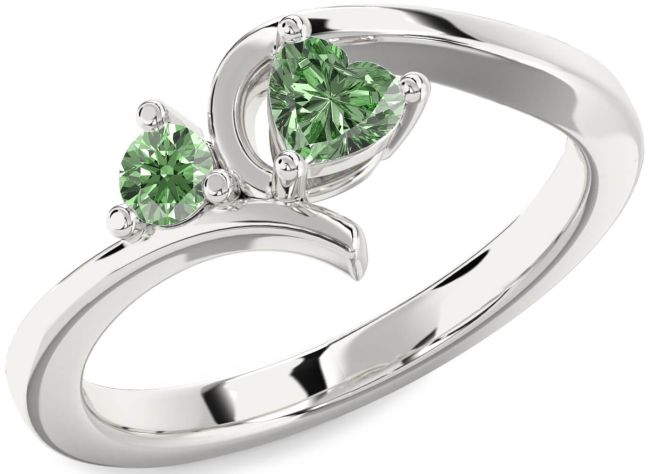 Green Diamond Silver Heart Two Stone Ring