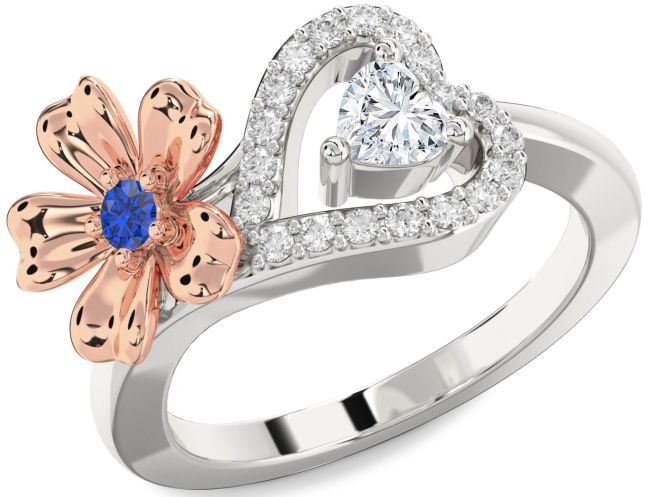 Diamond Rose Gold Silver Flower Heart Two Stone Promise Ring