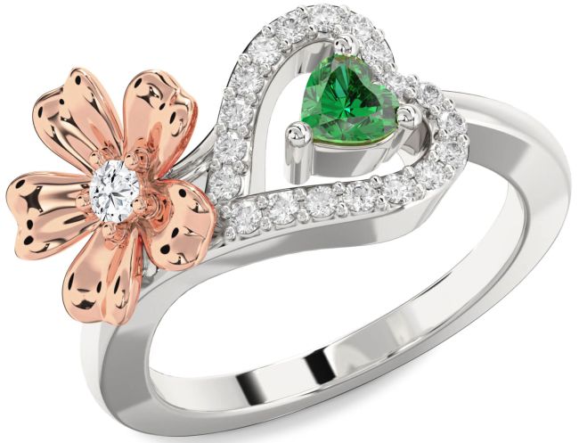 Diamond White Rose Gold Flower Heart Two Stone Promise Ring