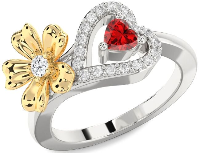 Diamond Silver & 10K gold Flower Heart Two Stone Promise Ring