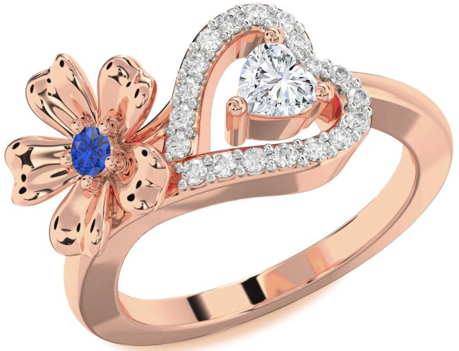 Diamond Rose Gold Silver Flower Heart Two Stone Promise Ring