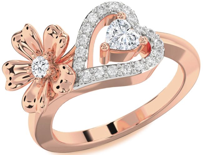 Diamond Rose Gold Silver Flower Heart Two Stone Ring