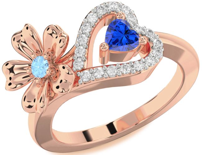 Diamond Rose Gold Silver Flower Heart Two Stone Promise Ring