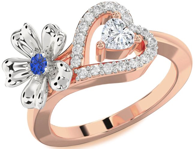 Diamond Platinum & Rose Gold Flower Heart Two Stone Promise Ring