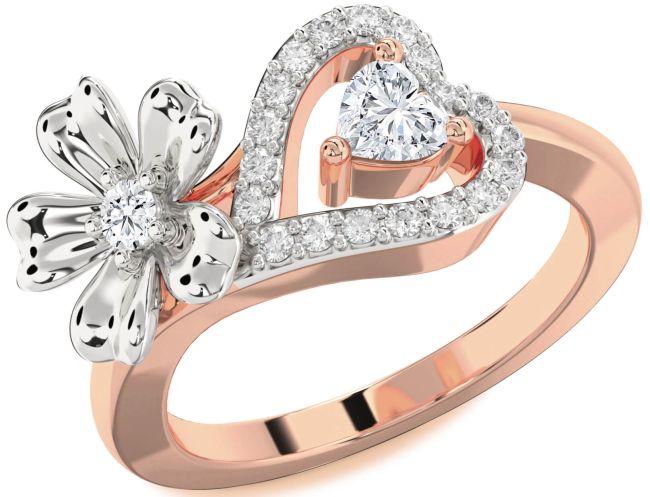 Diamond Platinum & Rose Gold Flower Heart Two Stone Ring