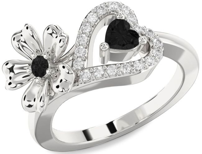 Black Diamond Silver Flower Heart Two Stone Ring