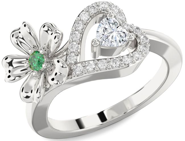 Diamond Silver Flower Heart Two Stone Promise Ring