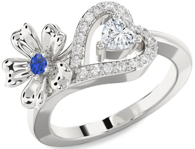 Diamond Silver Flower Heart Two Stone Promise Ring