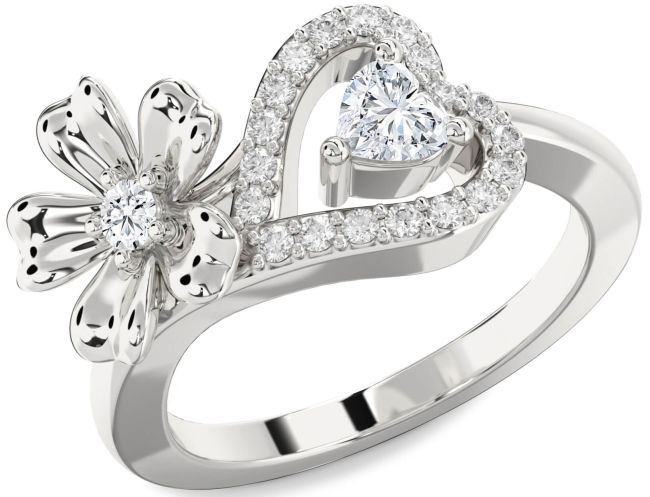 Diamond Silver Flower Heart Two Stone Ring