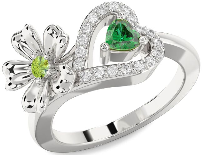 Diamond Silver Flower Heart Two Stone Promise Ring
