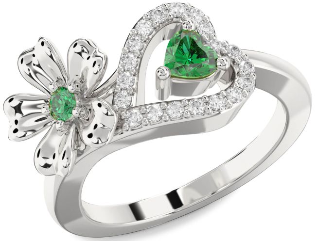 Diamond Emerald Silver Flower Heart Two Stone Birthstone Ring