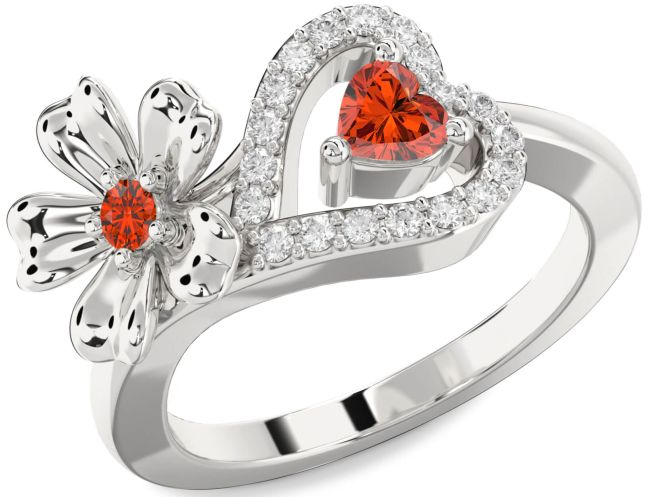 Diamond Fire Opal Silver Flower Heart Two Stone Ring