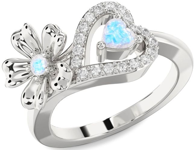 Diamond Moonstone Silver Flower Heart Two Stone Ring