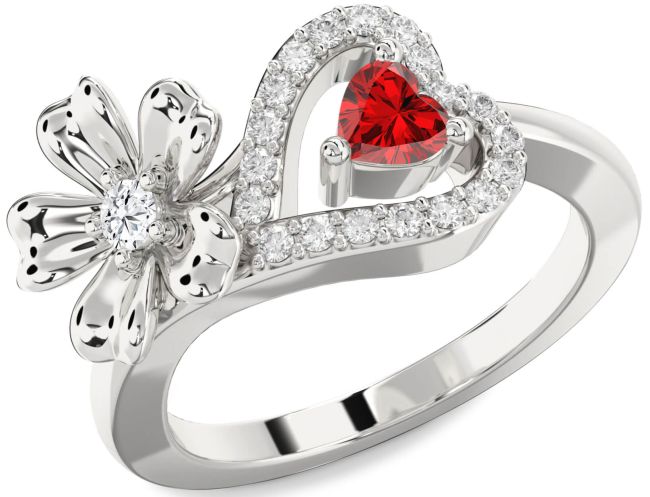 Diamond Silver Flower Heart Two Stone Promise Ring