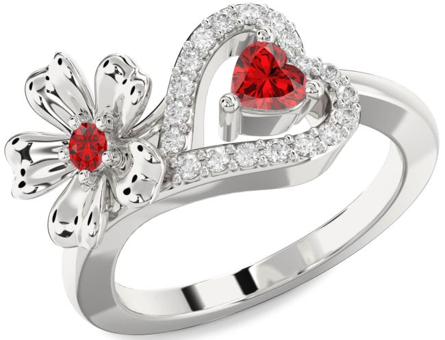 Diamond Ruby Silver Flower Heart Two Stone Birthstone Ring