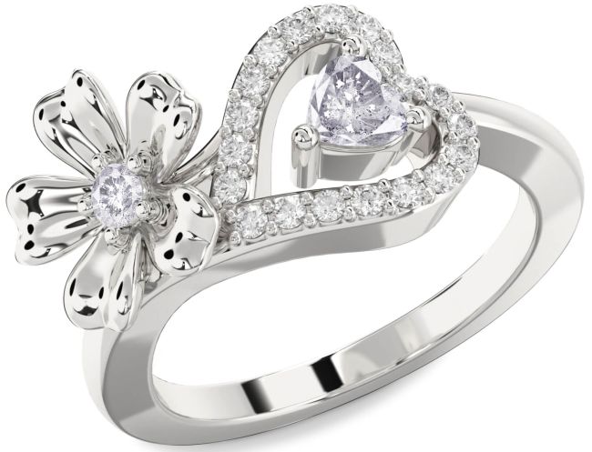 Salt & Pepper Diamond Silver Flower Heart Two Stone Ring