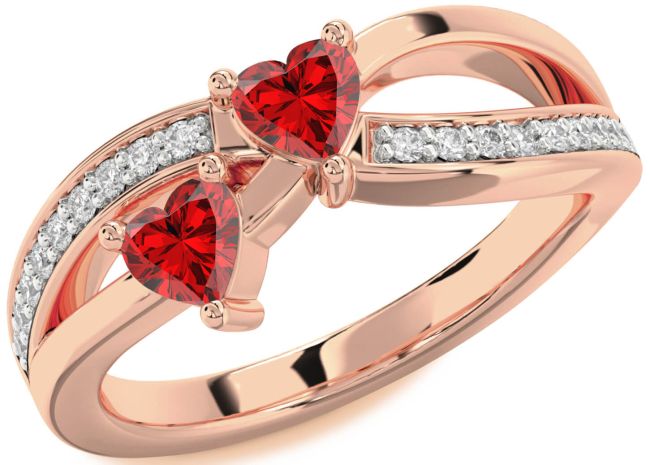 Diamond Ruby Rose Gold Two Heart Birthstone Ring