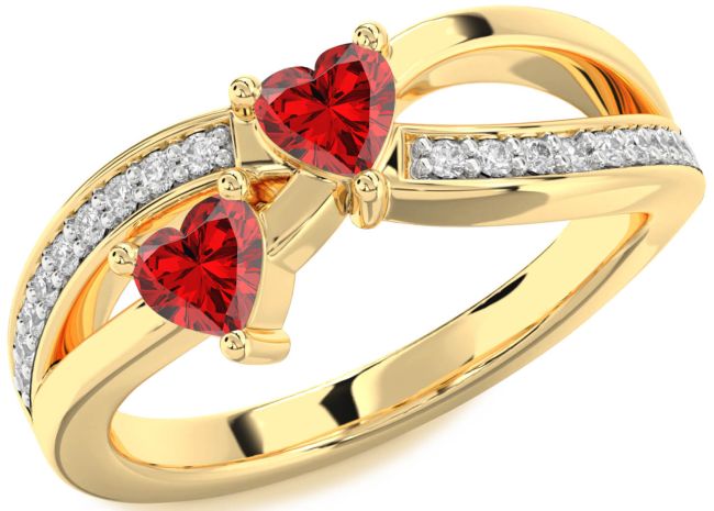 Diamond Ruby Gold Two Heart Birthstone Ring