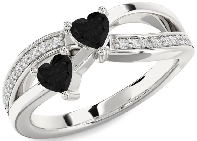 Black Diamond Silver Two Heart Ring