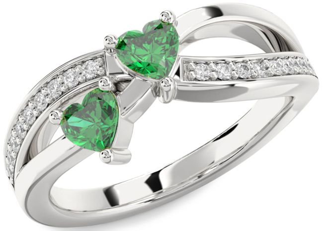 Diamond Emerald Silver Two Heart Birthstone Ring