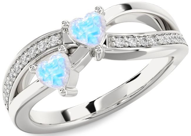 Diamond Moonstone Silver Two Heart Ring