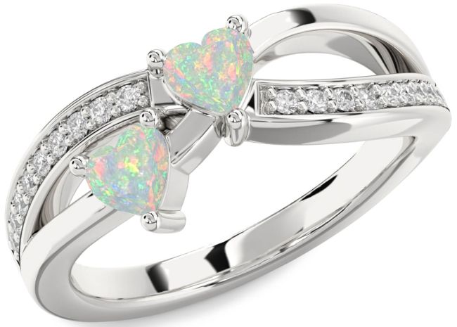 Diamond Opal Silver Two Heart Birthstone Ring