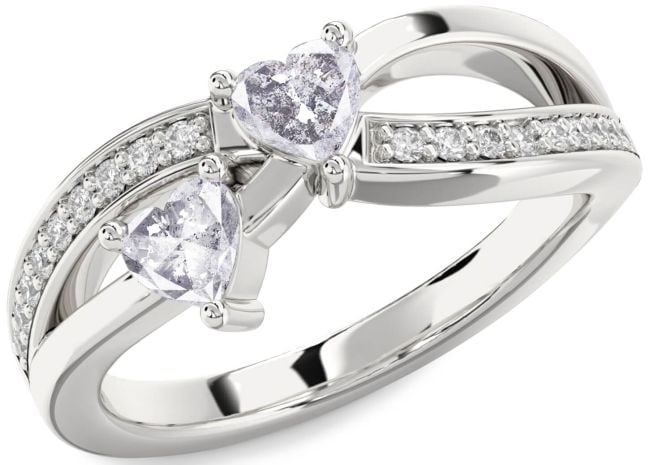 Salt & Pepper Diamond Silver Two Heart Ring