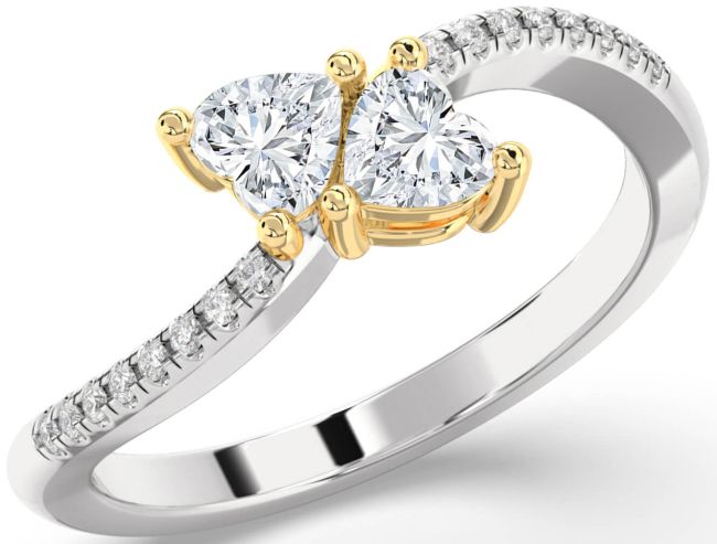 Diamond White Yellow Gold Two Heart Ring