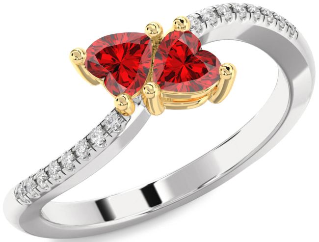Diamond Ruby Gold Silver Two Heart Birthstone Ring