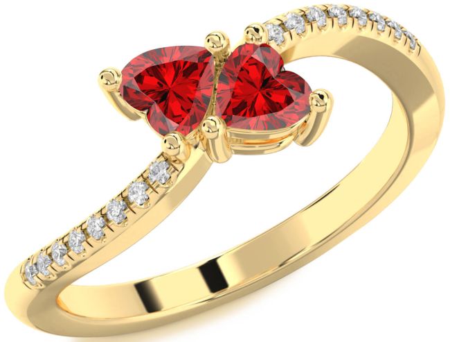 Diamond Ruby Gold Two Heart Birthstone Ring