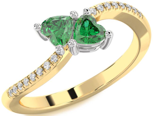 Diamond Emerald Gold Silver Two Heart Birthstone Ring