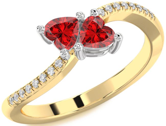 Diamond Ruby Gold Silver Two Heart Birthstone Ring