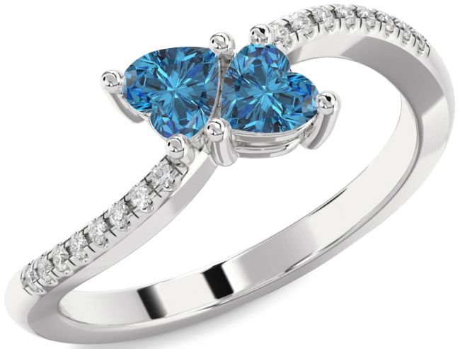 Blue Diamond Silver Two Heart Ring